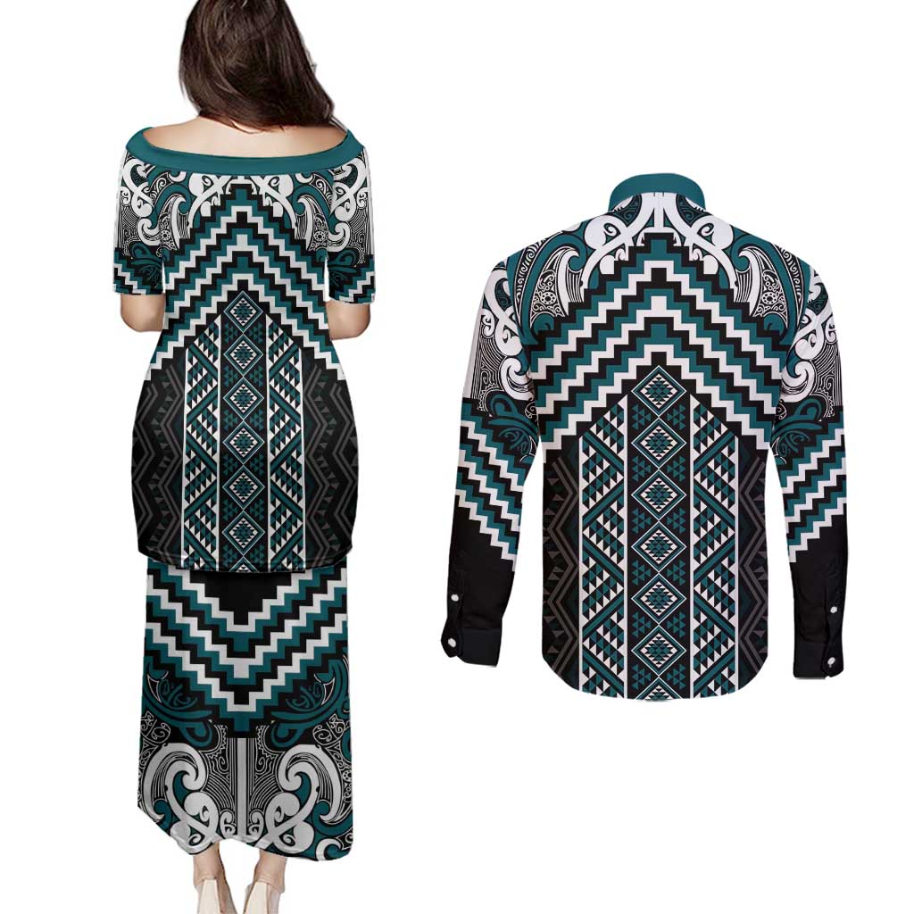 Maori Tukutuku Taniko Motifs Couples Matching Puletasi and Long Sleeve Button Shirt Teal Poutama Mix Kowhaiwhai LT7 - Polynesian Pride