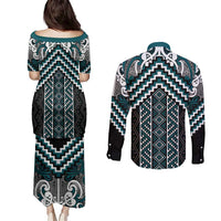 Maori Tukutuku Taniko Motifs Couples Matching Puletasi and Long Sleeve Button Shirt Teal Poutama Mix Kowhaiwhai LT7 - Polynesian Pride