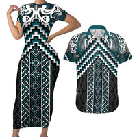 Maori Tukutuku Taniko Motifs Couples Matching Short Sleeve Bodycon Dress and Hawaiian Shirt Teal Poutama Mix Kowhaiwhai LT7 Teal - Polynesian Pride