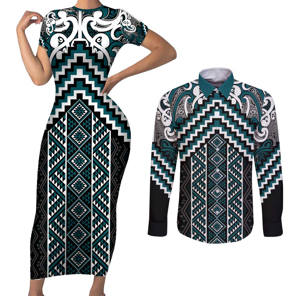 Maori Tukutuku Taniko Motifs Couples Matching Short Sleeve Bodycon Dress and Long Sleeve Button Shirt Teal Poutama Mix Kowhaiwhai LT7 Teal - Polynesian Pride