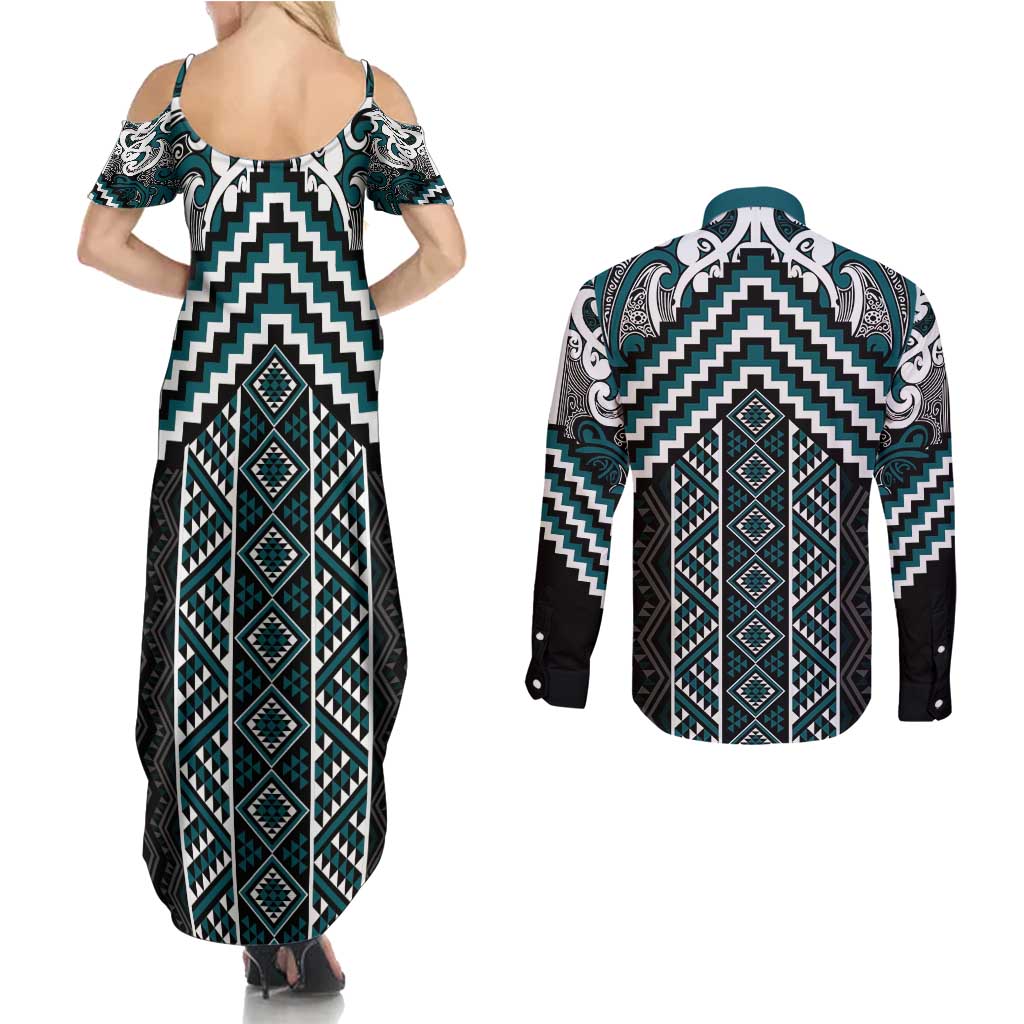 Maori Tukutuku Taniko Motifs Couples Matching Summer Maxi Dress and Long Sleeve Button Shirt Teal Poutama Mix Kowhaiwhai LT7 - Polynesian Pride