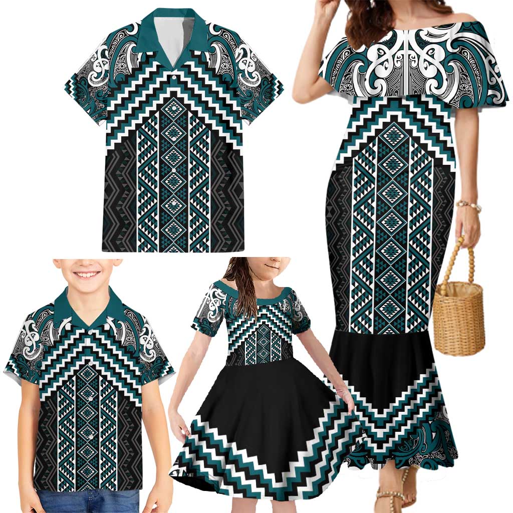 Maori Tukutuku Taniko Motifs Family Matching Mermaid Dress and Hawaiian Shirt Teal Poutama Mix Kowhaiwhai LT7 - Polynesian Pride