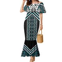 Maori Tukutuku Taniko Motifs Family Matching Mermaid Dress and Hawaiian Shirt Teal Poutama Mix Kowhaiwhai LT7 Mom's Dress Teal - Polynesian Pride