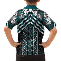 Maori Tukutuku Taniko Motifs Family Matching Off The Shoulder Long Sleeve Dress and Hawaiian Shirt Teal Poutama Mix Kowhaiwhai LT7 - Polynesian Pride