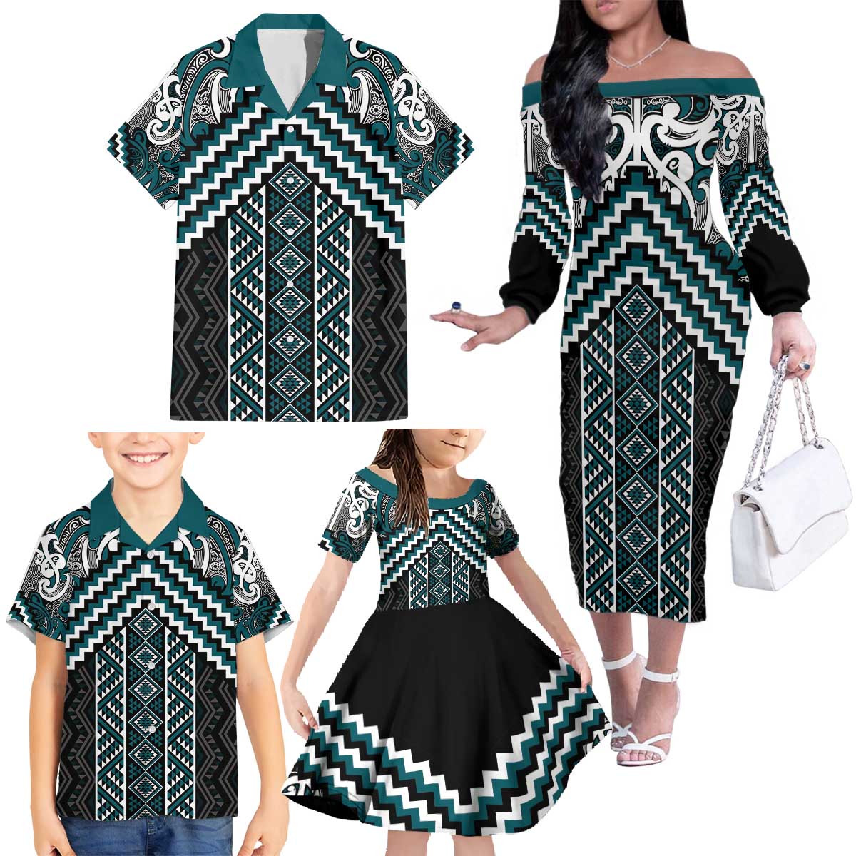 Maori Tukutuku Taniko Motifs Family Matching Off The Shoulder Long Sleeve Dress and Hawaiian Shirt Teal Poutama Mix Kowhaiwhai LT7 - Polynesian Pride