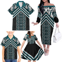 Maori Tukutuku Taniko Motifs Family Matching Off The Shoulder Long Sleeve Dress and Hawaiian Shirt Teal Poutama Mix Kowhaiwhai LT7 - Polynesian Pride