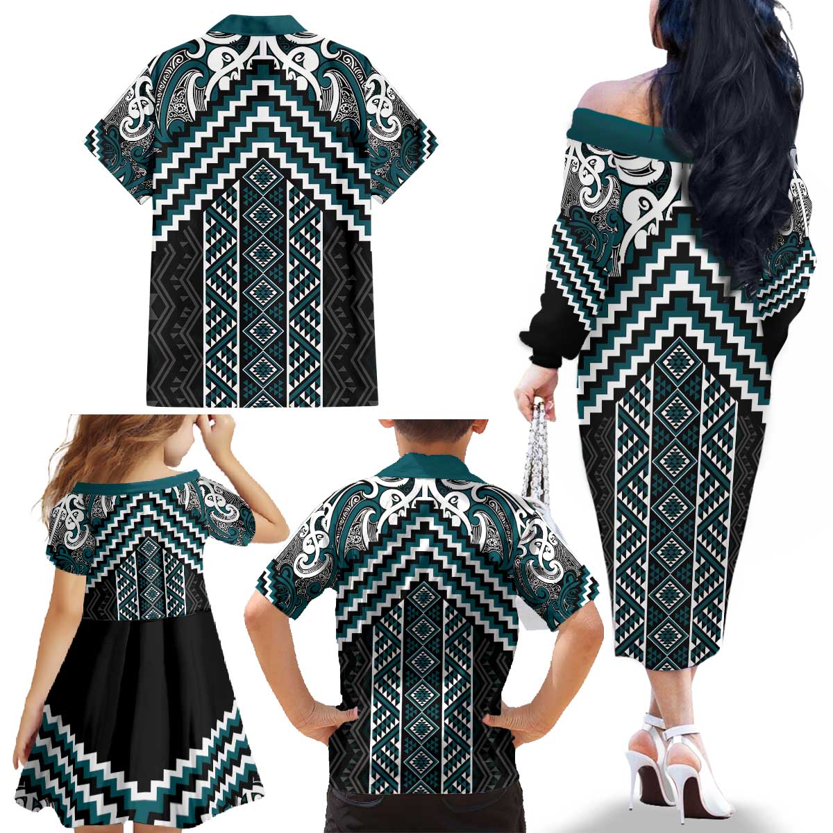 Maori Tukutuku Taniko Motifs Family Matching Off The Shoulder Long Sleeve Dress and Hawaiian Shirt Teal Poutama Mix Kowhaiwhai LT7 - Polynesian Pride