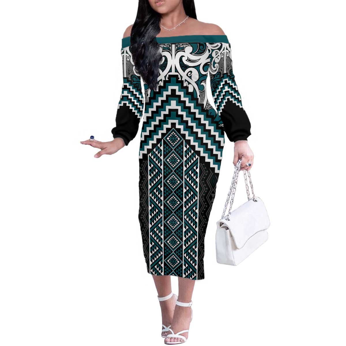 Maori Tukutuku Taniko Motifs Family Matching Off The Shoulder Long Sleeve Dress and Hawaiian Shirt Teal Poutama Mix Kowhaiwhai LT7 Mom's Dress Teal - Polynesian Pride