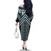 Maori Tukutuku Taniko Motifs Family Matching Off The Shoulder Long Sleeve Dress and Hawaiian Shirt Teal Poutama Mix Kowhaiwhai LT7 - Polynesian Pride