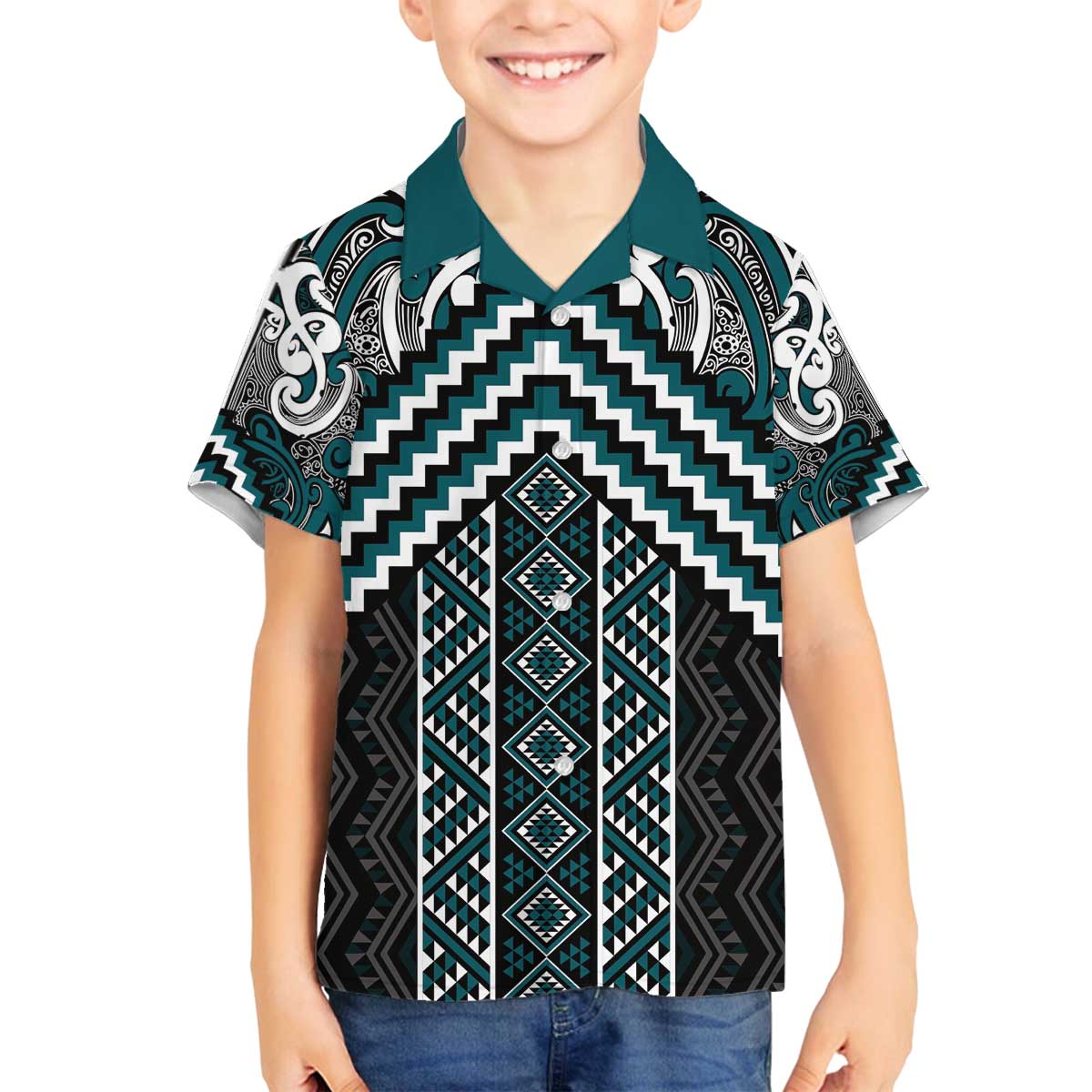 Maori Tukutuku Taniko Motifs Family Matching Off The Shoulder Long Sleeve Dress and Hawaiian Shirt Teal Poutama Mix Kowhaiwhai LT7 Son's Shirt Teal - Polynesian Pride