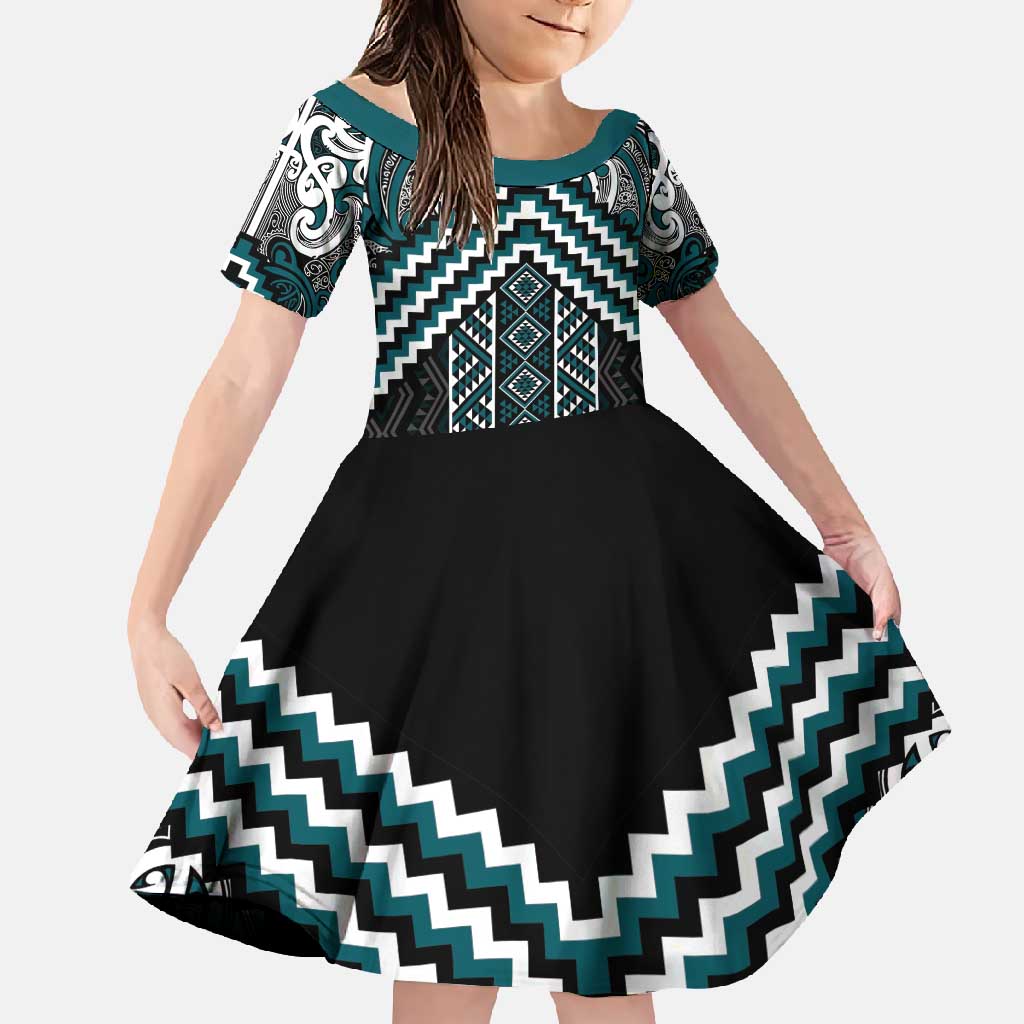 Maori Tukutuku Taniko Motifs Family Matching Off Shoulder Maxi Dress and Hawaiian Shirt Teal Poutama Mix Kowhaiwhai LT7 Daughter's Dress Teal - Polynesian Pride