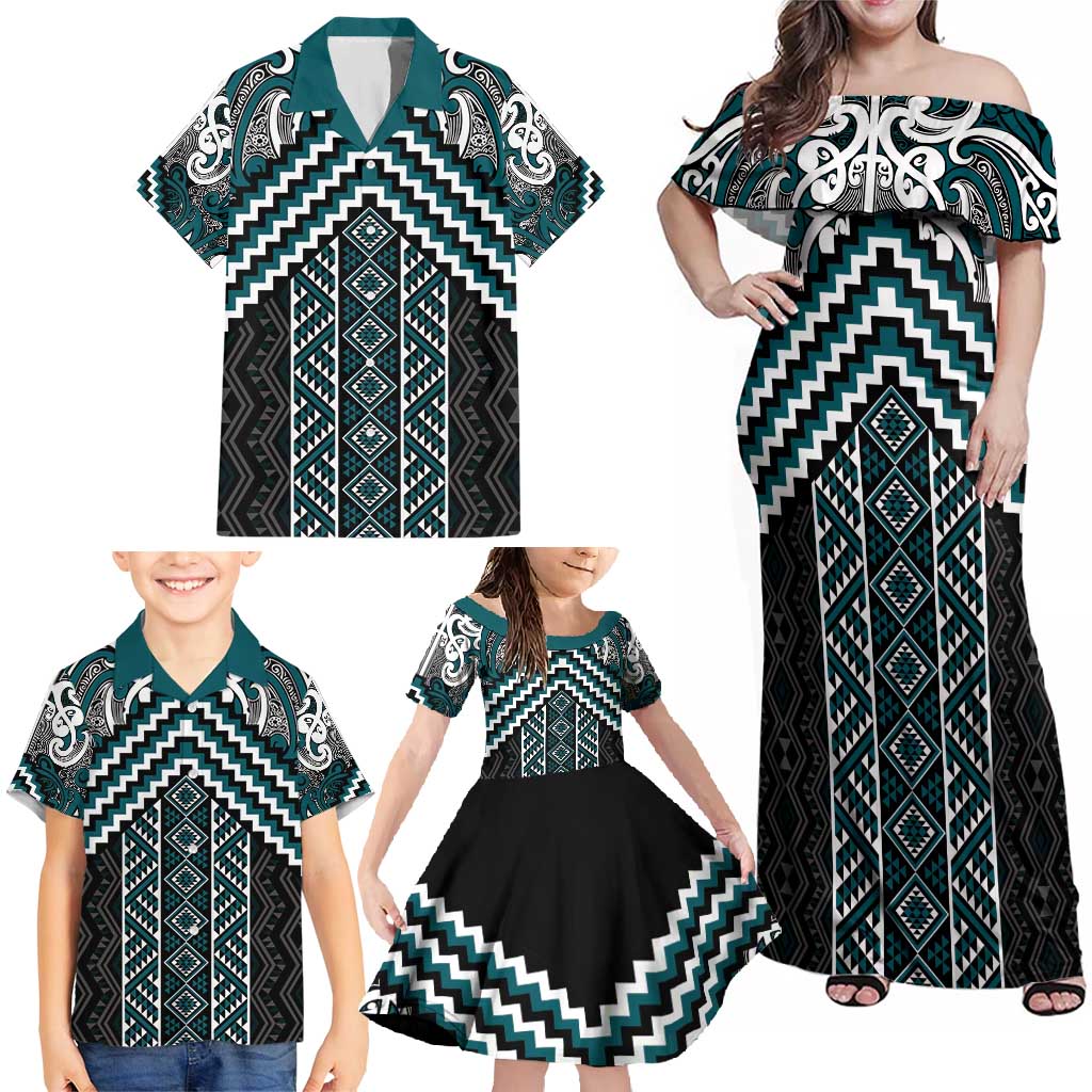 Maori Tukutuku Taniko Motifs Family Matching Off Shoulder Maxi Dress and Hawaiian Shirt Teal Poutama Mix Kowhaiwhai LT7 - Polynesian Pride