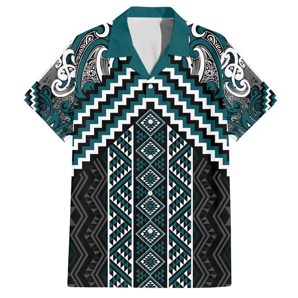 Maori Tukutuku Taniko Motifs Family Matching Off Shoulder Maxi Dress and Hawaiian Shirt Teal Poutama Mix Kowhaiwhai LT7 Dad's Shirt - Short Sleeve Teal - Polynesian Pride