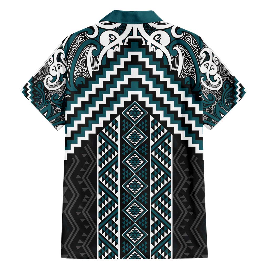Maori Tukutuku Taniko Motifs Family Matching Off Shoulder Maxi Dress and Hawaiian Shirt Teal Poutama Mix Kowhaiwhai LT7 - Polynesian Pride