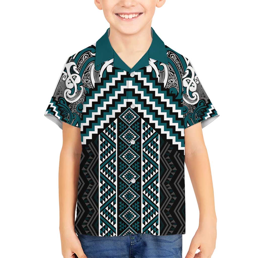 Maori Tukutuku Taniko Motifs Family Matching Off Shoulder Maxi Dress and Hawaiian Shirt Teal Poutama Mix Kowhaiwhai LT7 Son's Shirt Teal - Polynesian Pride