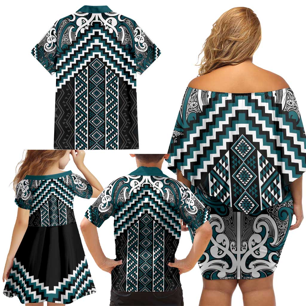 Maori Tukutuku Taniko Motifs Family Matching Off Shoulder Short Dress and Hawaiian Shirt Teal Poutama Mix Kowhaiwhai LT7 - Polynesian Pride