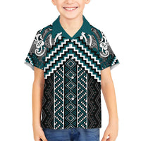 Maori Tukutuku Taniko Motifs Family Matching Off Shoulder Short Dress and Hawaiian Shirt Teal Poutama Mix Kowhaiwhai LT7 Son's Shirt Teal - Polynesian Pride