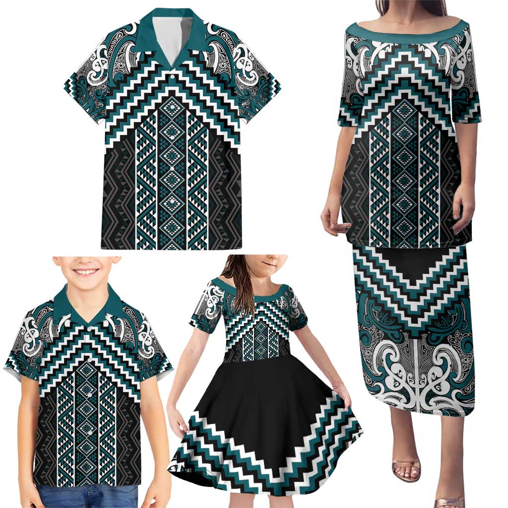 Maori Tukutuku Taniko Motifs Family Matching Puletasi and Hawaiian Shirt Teal Poutama Mix Kowhaiwhai LT7 - Polynesian Pride