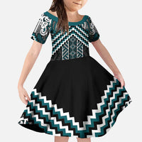 Maori Tukutuku Taniko Motifs Family Matching Summer Maxi Dress and Hawaiian Shirt Teal Poutama Mix Kowhaiwhai LT7 Daughter's Dress Teal - Polynesian Pride