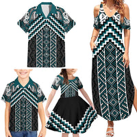 Maori Tukutuku Taniko Motifs Family Matching Summer Maxi Dress and Hawaiian Shirt Teal Poutama Mix Kowhaiwhai LT7 - Polynesian Pride