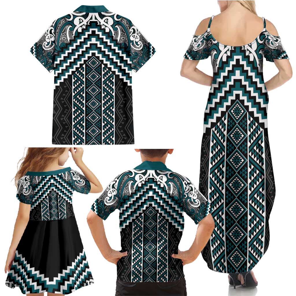 Maori Tukutuku Taniko Motifs Family Matching Summer Maxi Dress and Hawaiian Shirt Teal Poutama Mix Kowhaiwhai LT7 - Polynesian Pride