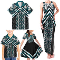 Maori Tukutuku Taniko Motifs Family Matching Tank Maxi Dress and Hawaiian Shirt Teal Poutama Mix Kowhaiwhai LT7 - Polynesian Pride