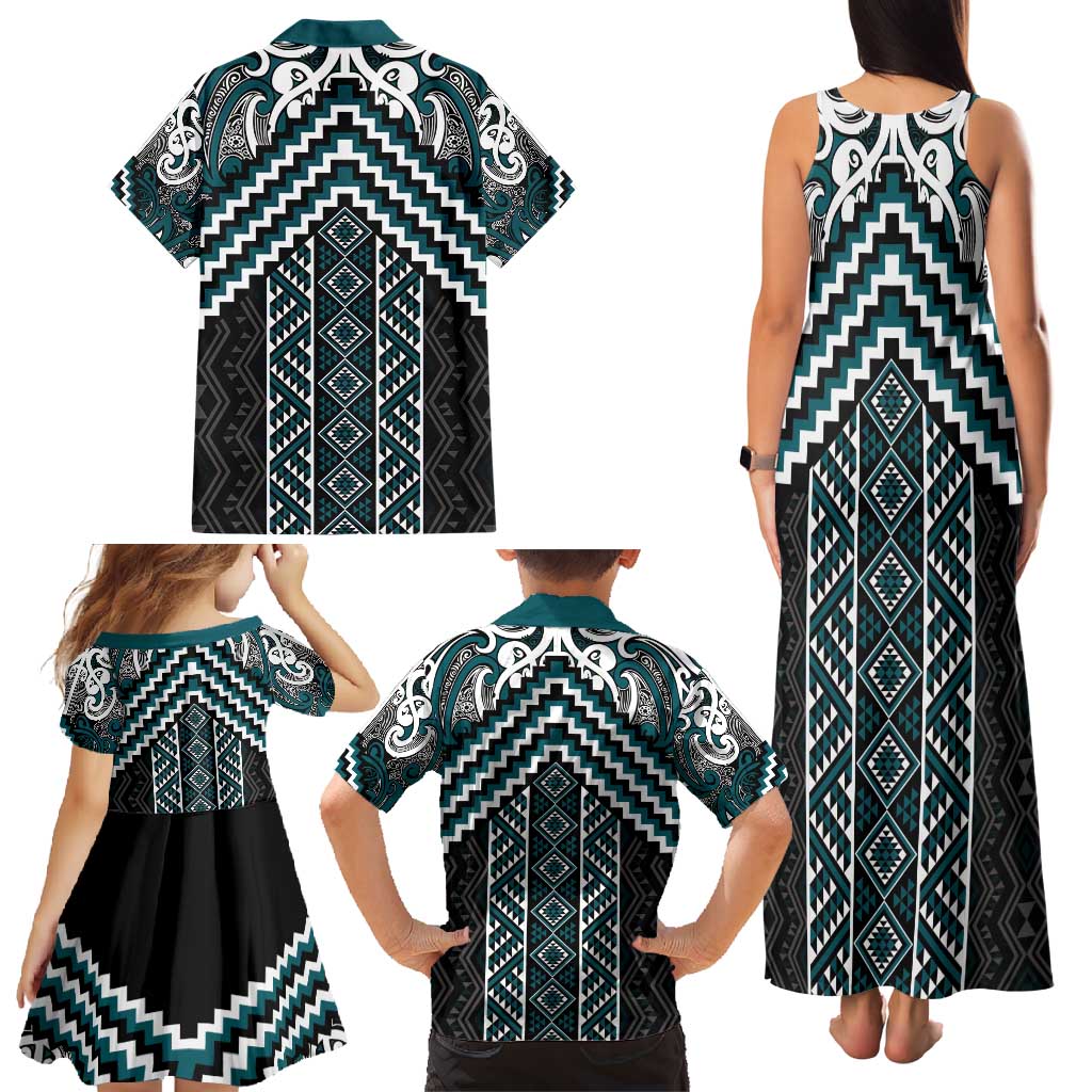 Maori Tukutuku Taniko Motifs Family Matching Tank Maxi Dress and Hawaiian Shirt Teal Poutama Mix Kowhaiwhai LT7 - Polynesian Pride