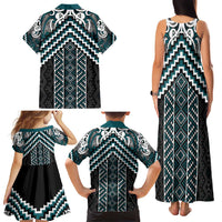 Maori Tukutuku Taniko Motifs Family Matching Tank Maxi Dress and Hawaiian Shirt Teal Poutama Mix Kowhaiwhai LT7 - Polynesian Pride