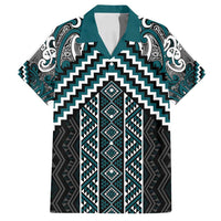 Maori Tukutuku Taniko Motifs Family Matching Tank Maxi Dress and Hawaiian Shirt Teal Poutama Mix Kowhaiwhai LT7 Dad's Shirt - Short Sleeve Teal - Polynesian Pride