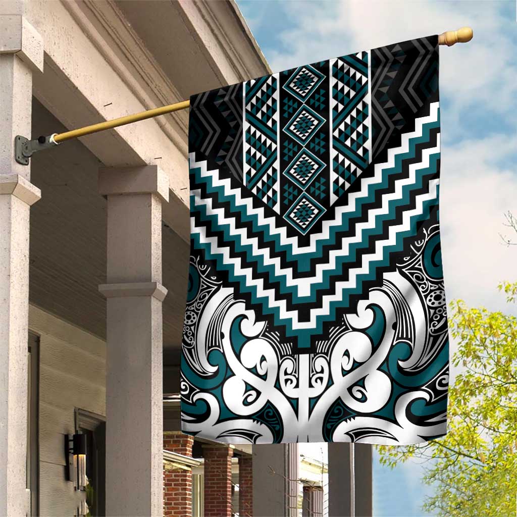 Maori Tukutuku Taniko Motifs Garden Flag Teal Poutama Mix Kowhaiwhai LT7 House Flag Teal - Polynesian Pride