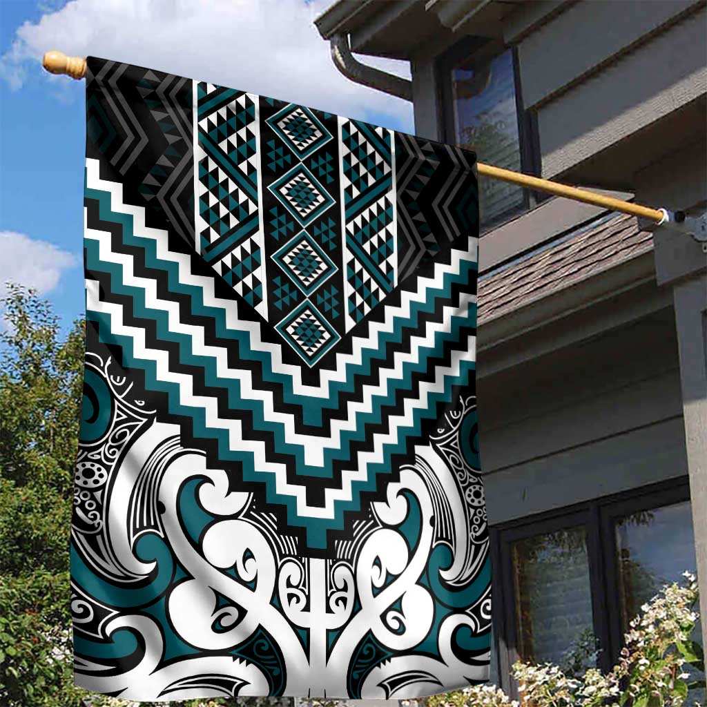 Maori Tukutuku Taniko Motifs Garden Flag Teal Poutama Mix Kowhaiwhai LT7 - Polynesian Pride