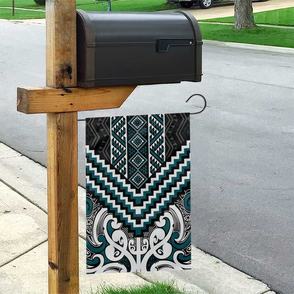 Maori Tukutuku Taniko Motifs Garden Flag Teal Poutama Mix Kowhaiwhai LT7 - Polynesian Pride