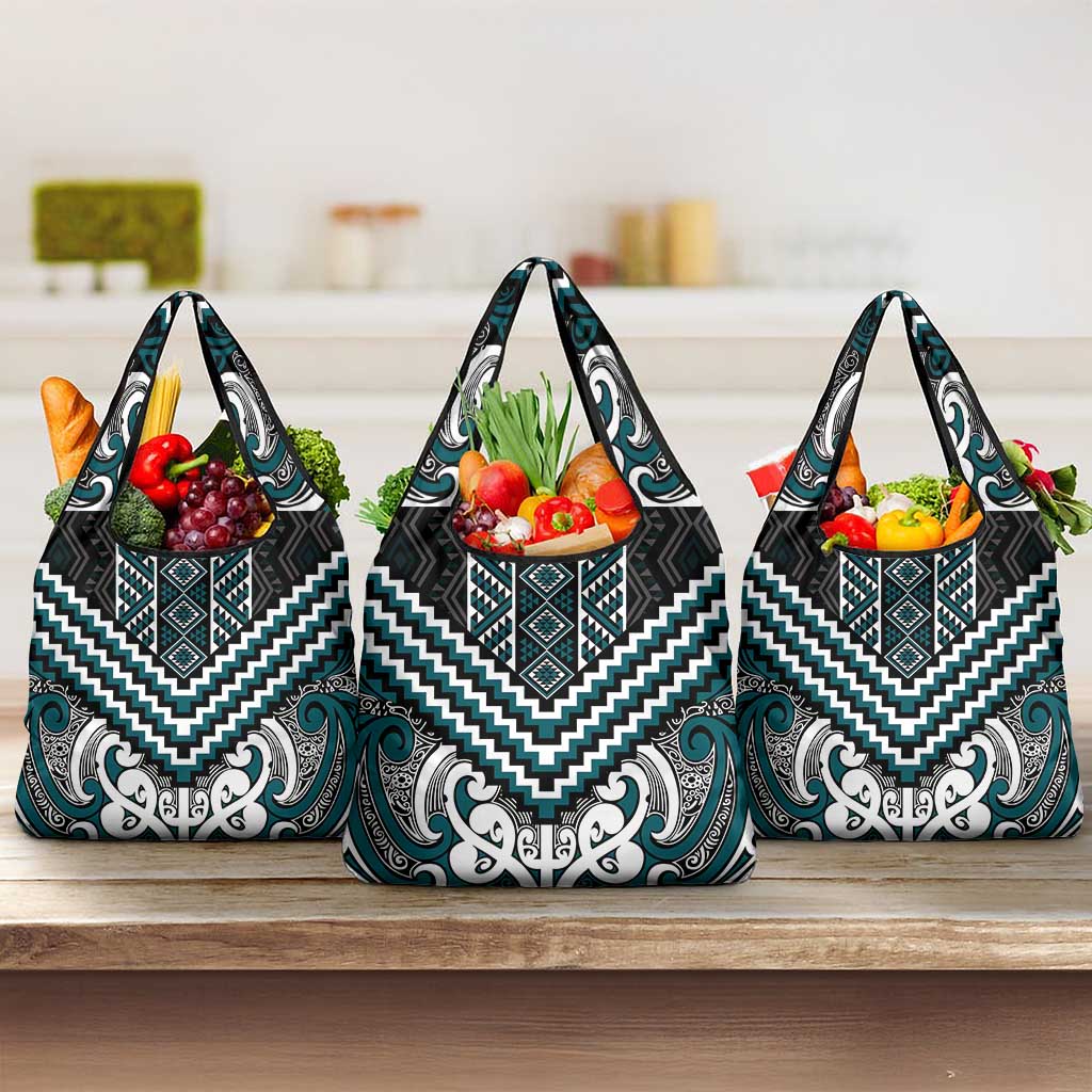 Maori Tukutuku Taniko Motifs Grocery Bag Teal Poutama Mix Kowhaiwhai LT7 3-pack One Size Teal - Polynesian Pride