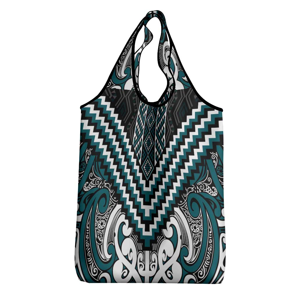 Maori Tukutuku Taniko Motifs Grocery Bag Teal Poutama Mix Kowhaiwhai LT7 - Polynesian Pride