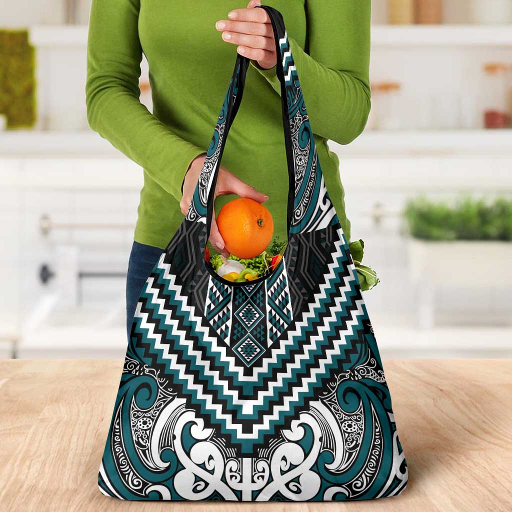 Maori Tukutuku Taniko Motifs Grocery Bag Teal Poutama Mix Kowhaiwhai LT7 - Polynesian Pride