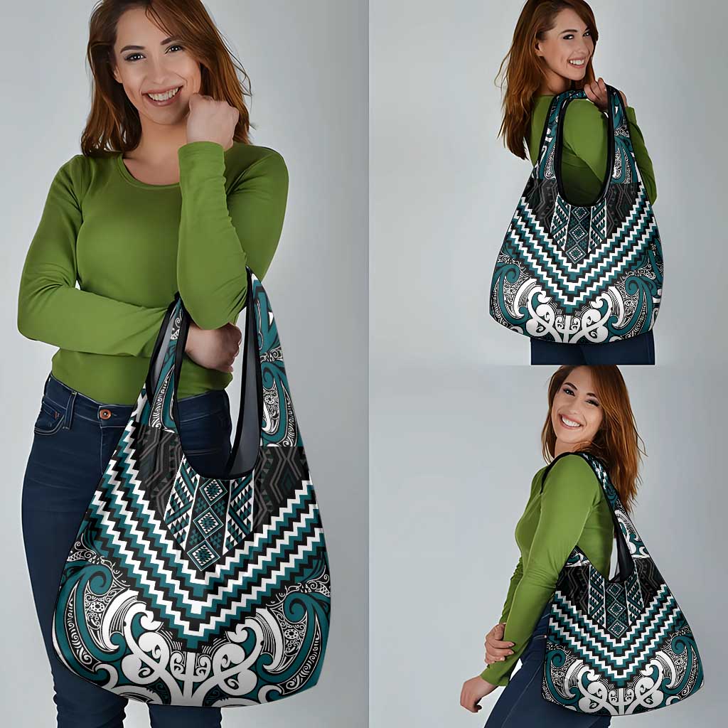 Maori Tukutuku Taniko Motifs Grocery Bag Teal Poutama Mix Kowhaiwhai LT7 - Polynesian Pride