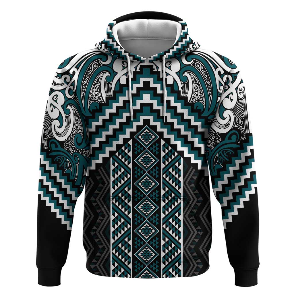 Maori Tukutuku Taniko Motifs Hoodie Teal Poutama Mix Kowhaiwhai LT7 Pullover Hoodie Teal - Polynesian Pride