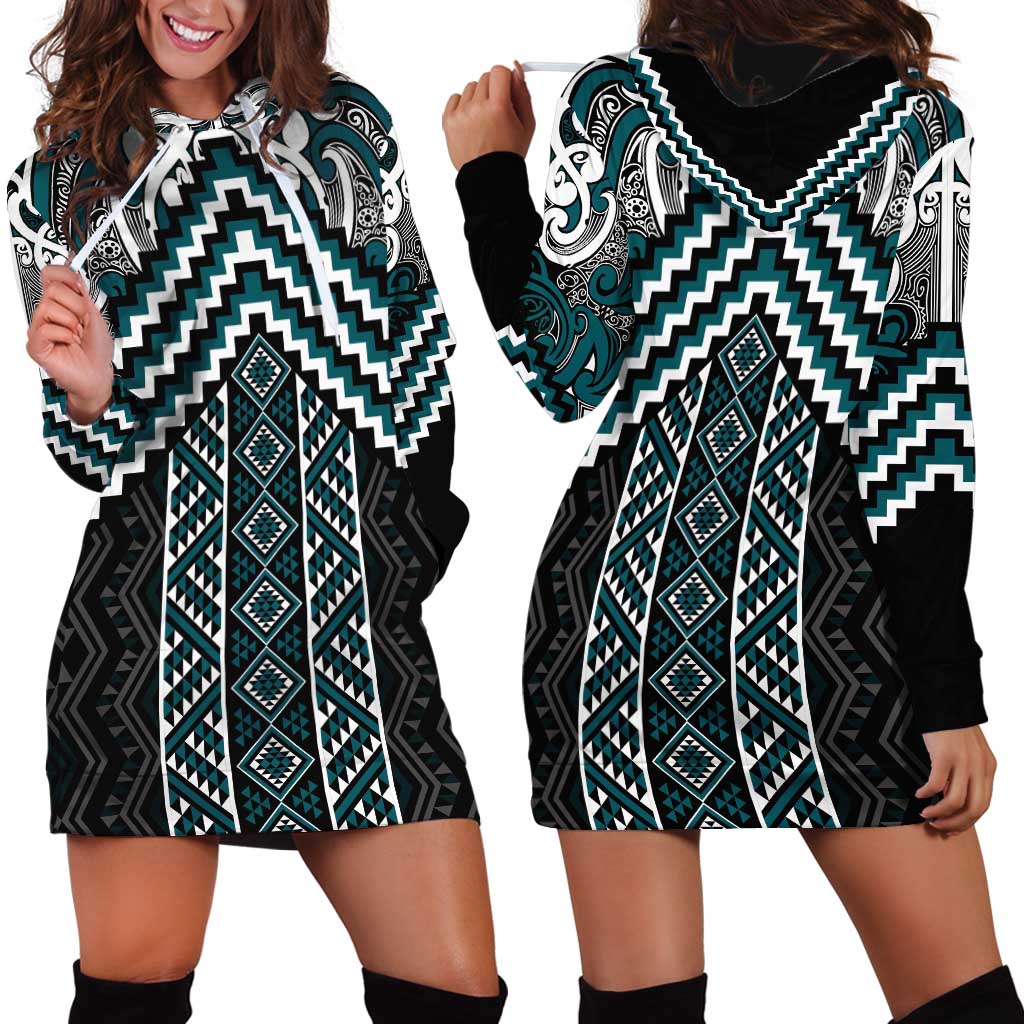 Maori Tukutuku Taniko Motifs Hoodie Dress Teal Poutama Mix Kowhaiwhai LT7 - Polynesian Pride
