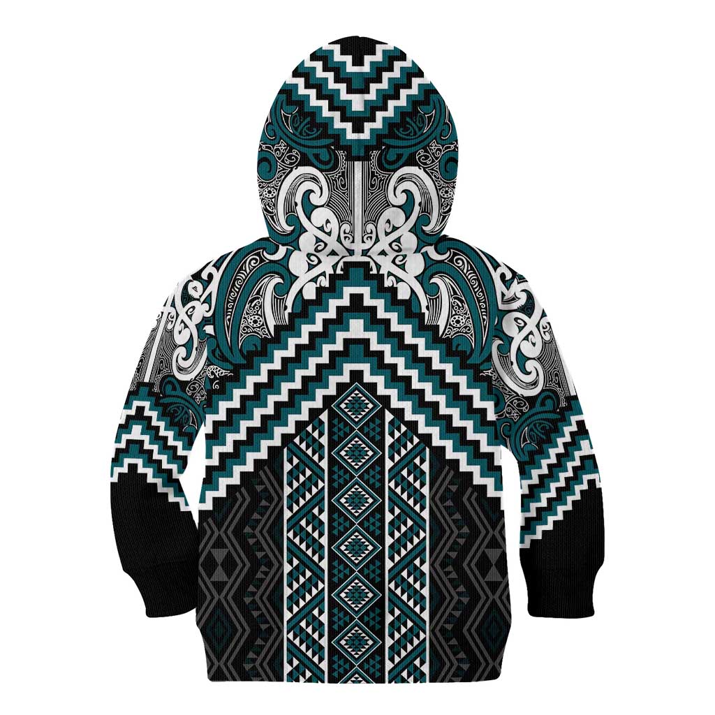 Maori Tukutuku Taniko Motifs Kid Hoodie Teal Poutama Mix Kowhaiwhai LT7 - Polynesian Pride
