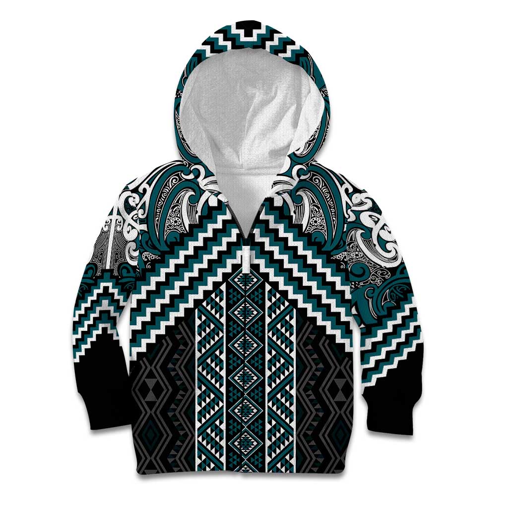 Maori Tukutuku Taniko Motifs Kid Hoodie Teal Poutama Mix Kowhaiwhai LT7 Zip Hoodie Teal - Polynesian Pride