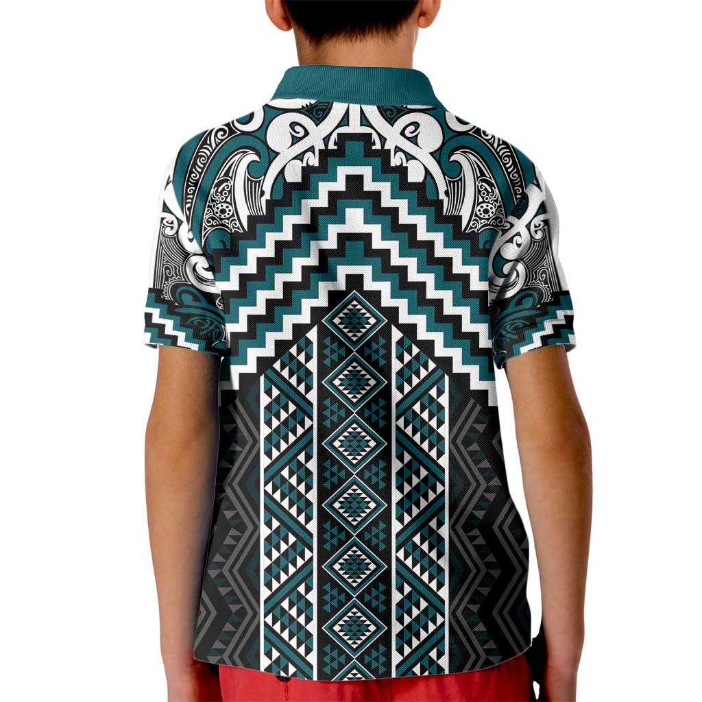 Maori Tukutuku Taniko Motifs Kid Polo Shirt Teal Poutama Mix Kowhaiwhai LT7 - Polynesian Pride