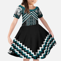 Maori Tukutuku Taniko Motifs Kid Short Sleeve Dress Teal Poutama Mix Kowhaiwhai LT7 KID Teal - Polynesian Pride