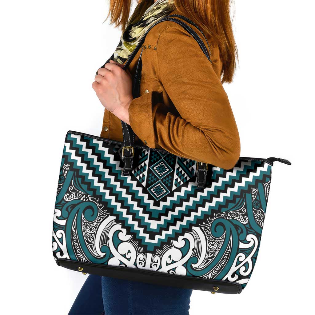 Maori Tukutuku Taniko Motifs Leather Tote Bag Teal Poutama Mix Kowhaiwhai LT7 Teal - Polynesian Pride
