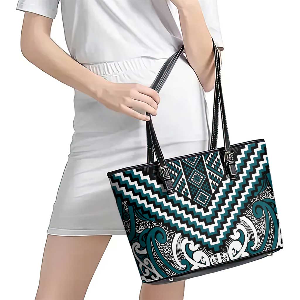 Maori Tukutuku Taniko Motifs Leather Tote Bag Teal Poutama Mix Kowhaiwhai LT7 - Polynesian Pride