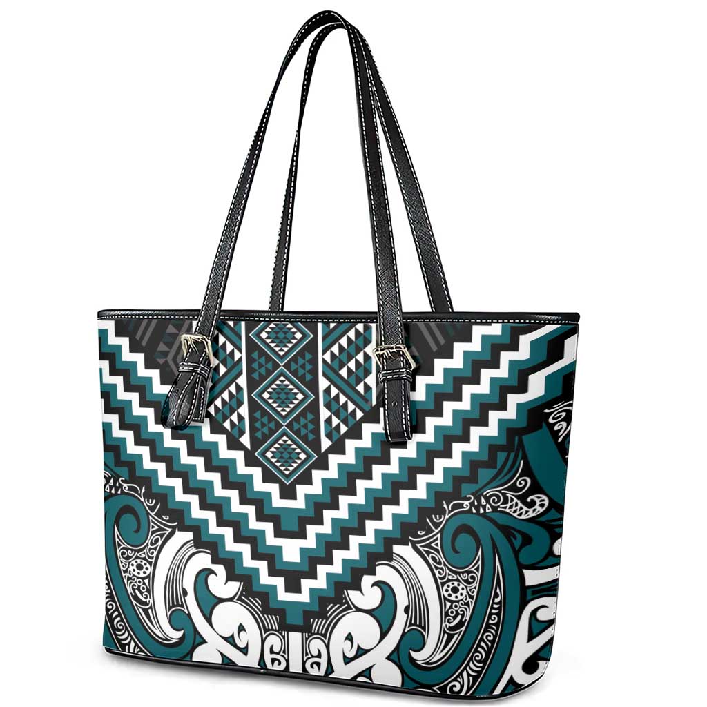 Maori Tukutuku Taniko Motifs Leather Tote Bag Teal Poutama Mix Kowhaiwhai LT7 - Polynesian Pride
