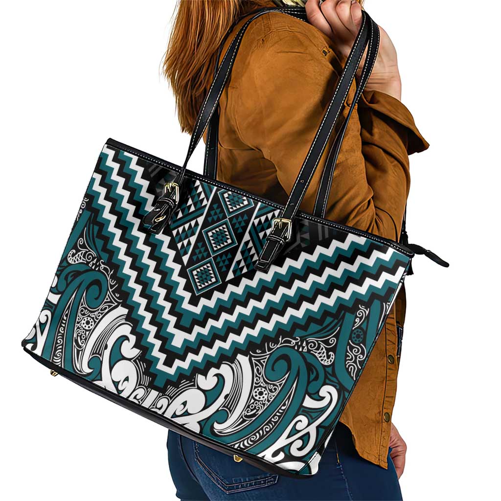 Maori Tukutuku Taniko Motifs Leather Tote Bag Teal Poutama Mix Kowhaiwhai LT7 - Polynesian Pride