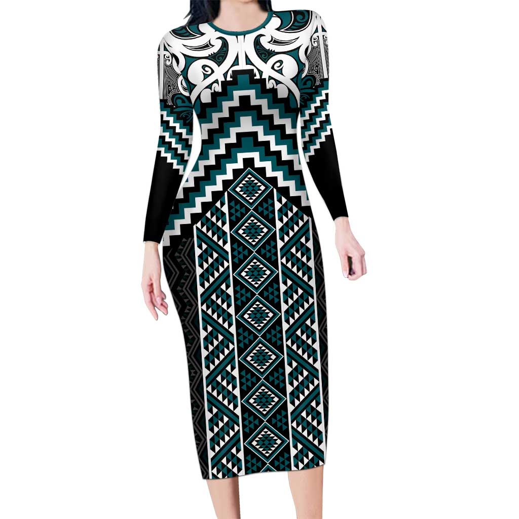 Maori Tukutuku Taniko Motifs Long Sleeve Bodycon Dress Teal Poutama Mix Kowhaiwhai LT7 Long Dress Teal - Polynesian Pride