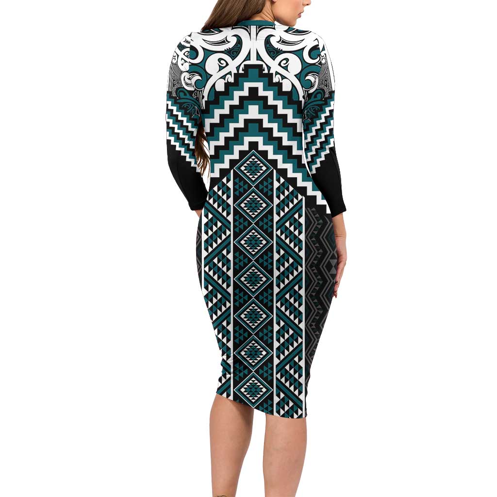 Maori Tukutuku Taniko Motifs Long Sleeve Bodycon Dress Teal Poutama Mix Kowhaiwhai LT7 - Polynesian Pride