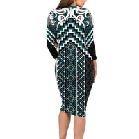 Maori Tukutuku Taniko Motifs Long Sleeve Bodycon Dress Teal Poutama Mix Kowhaiwhai LT7 - Polynesian Pride