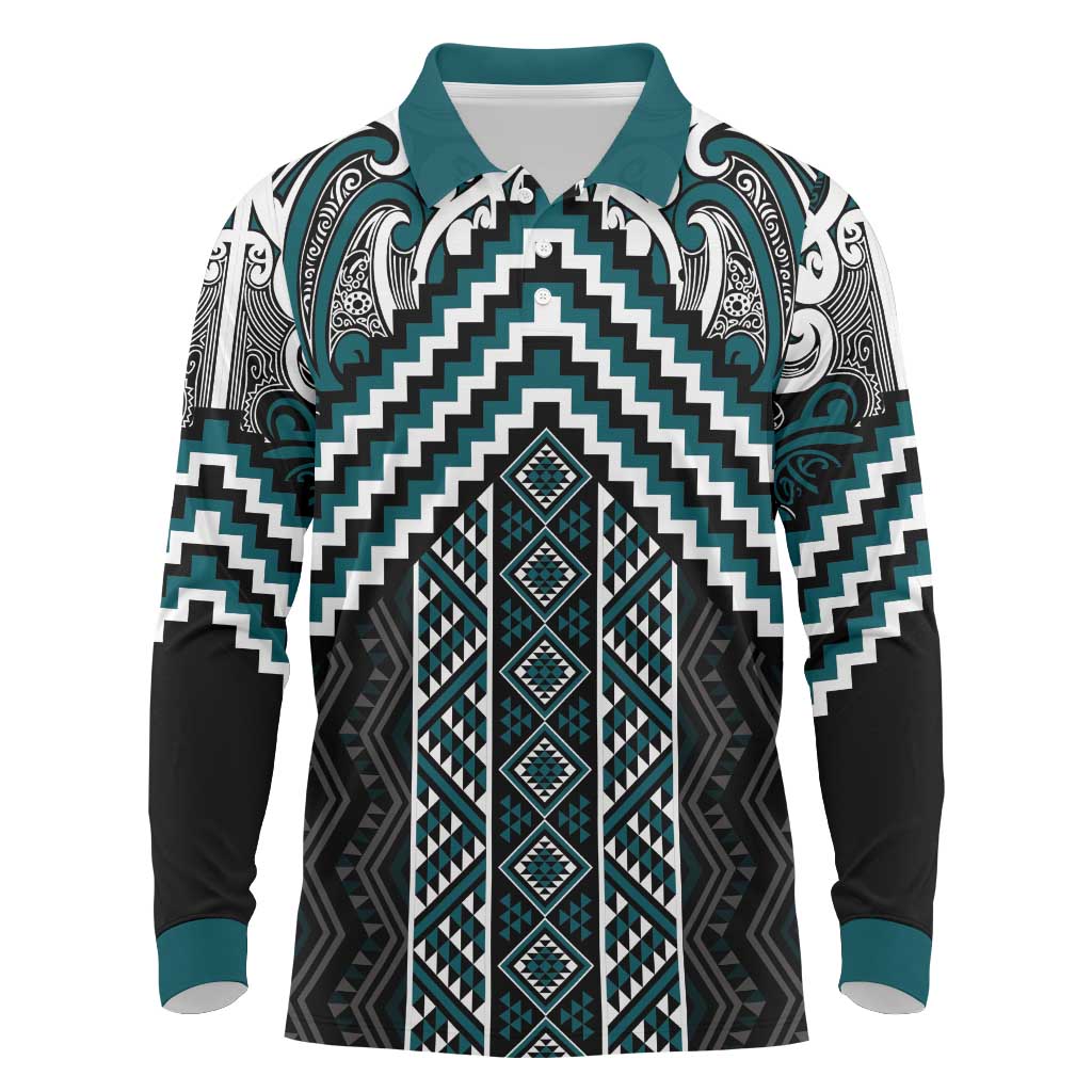 Maori Tukutuku Taniko Motifs Long Sleeve Polo Shirt Teal Poutama Mix Kowhaiwhai LT7 Teal - Polynesian Pride